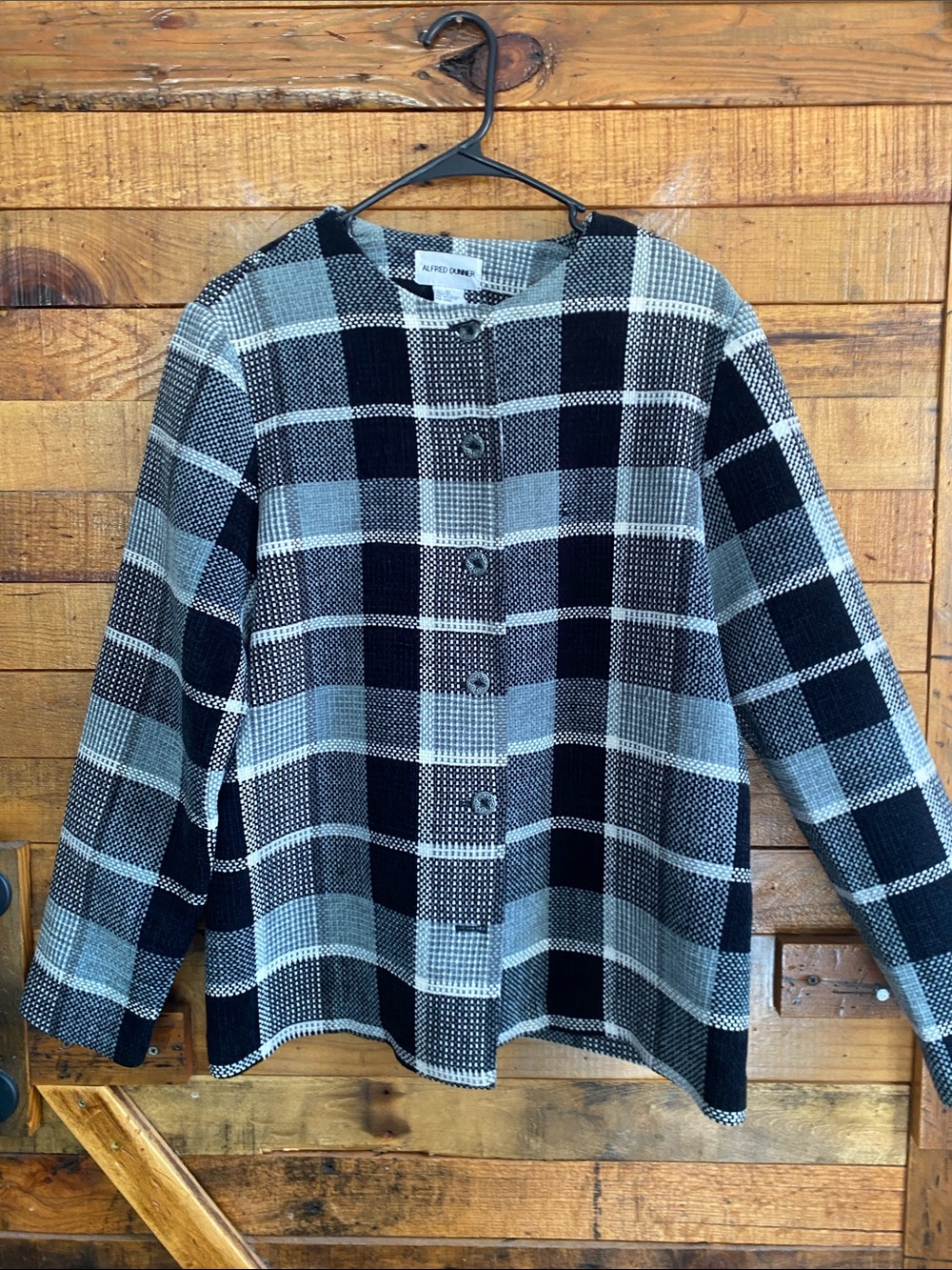 Alfred Dunner Black and Gray Plaid Button Jacket